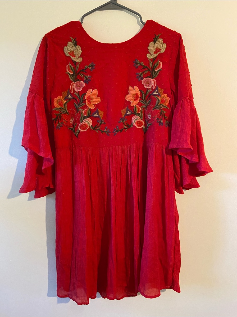 Umgee Red Embroidered Flutter Sleeve Mini Dress